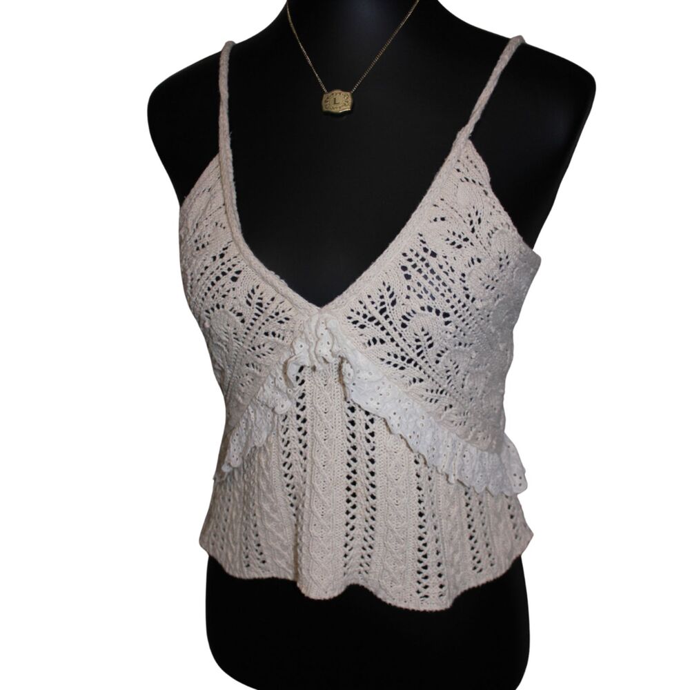 Zara Cream Crochet Knit Ruffle Camisole Tank Top Size S